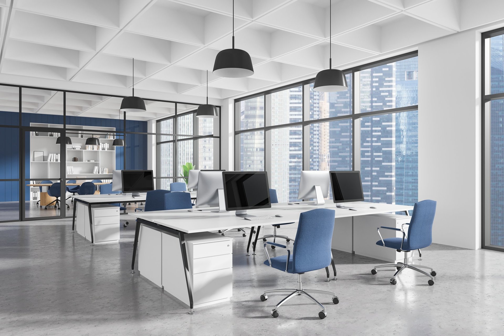 Contemporary office interior with ergonomic furniture, desks and computers