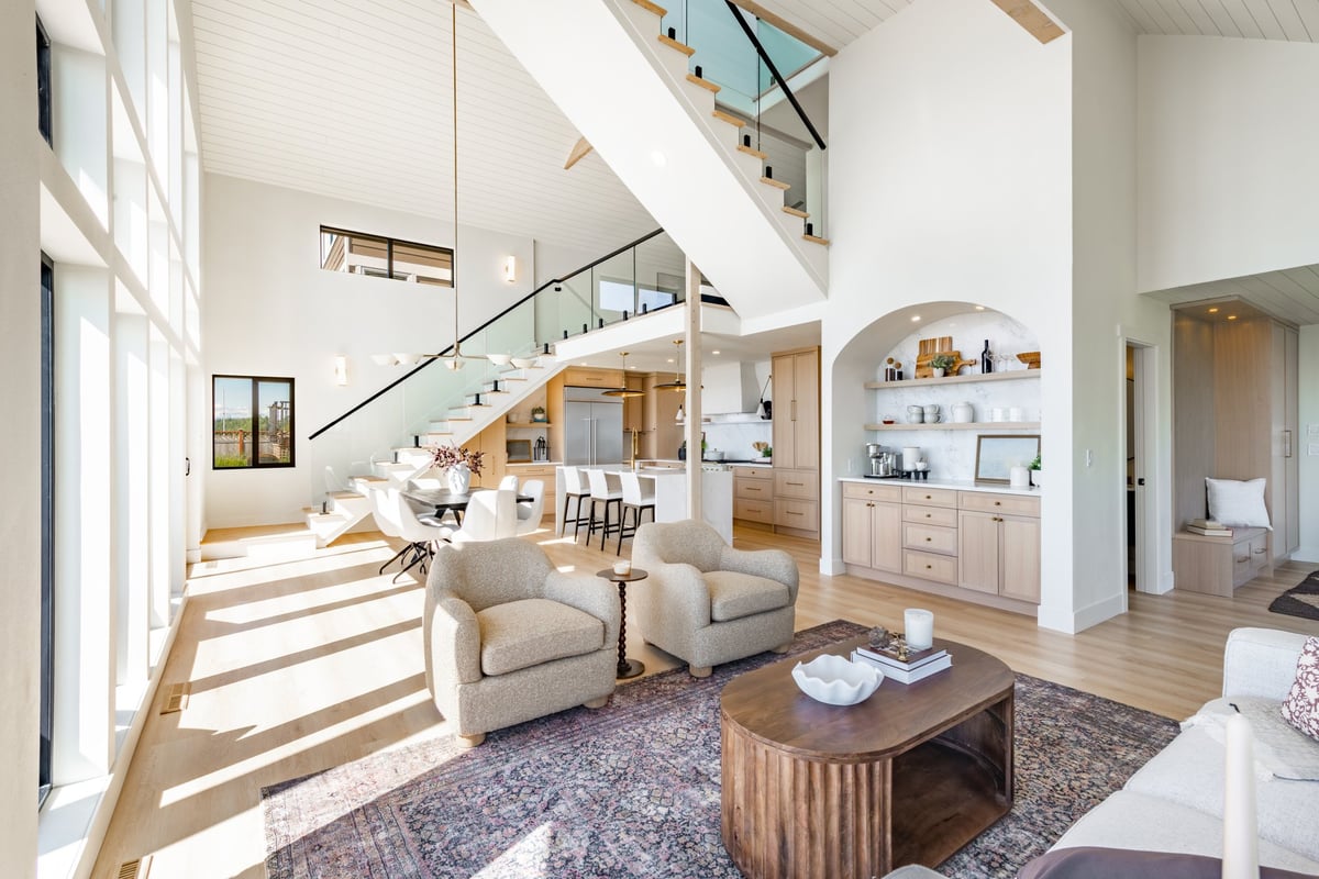 Luxury modern home interior with ocean view after renovation