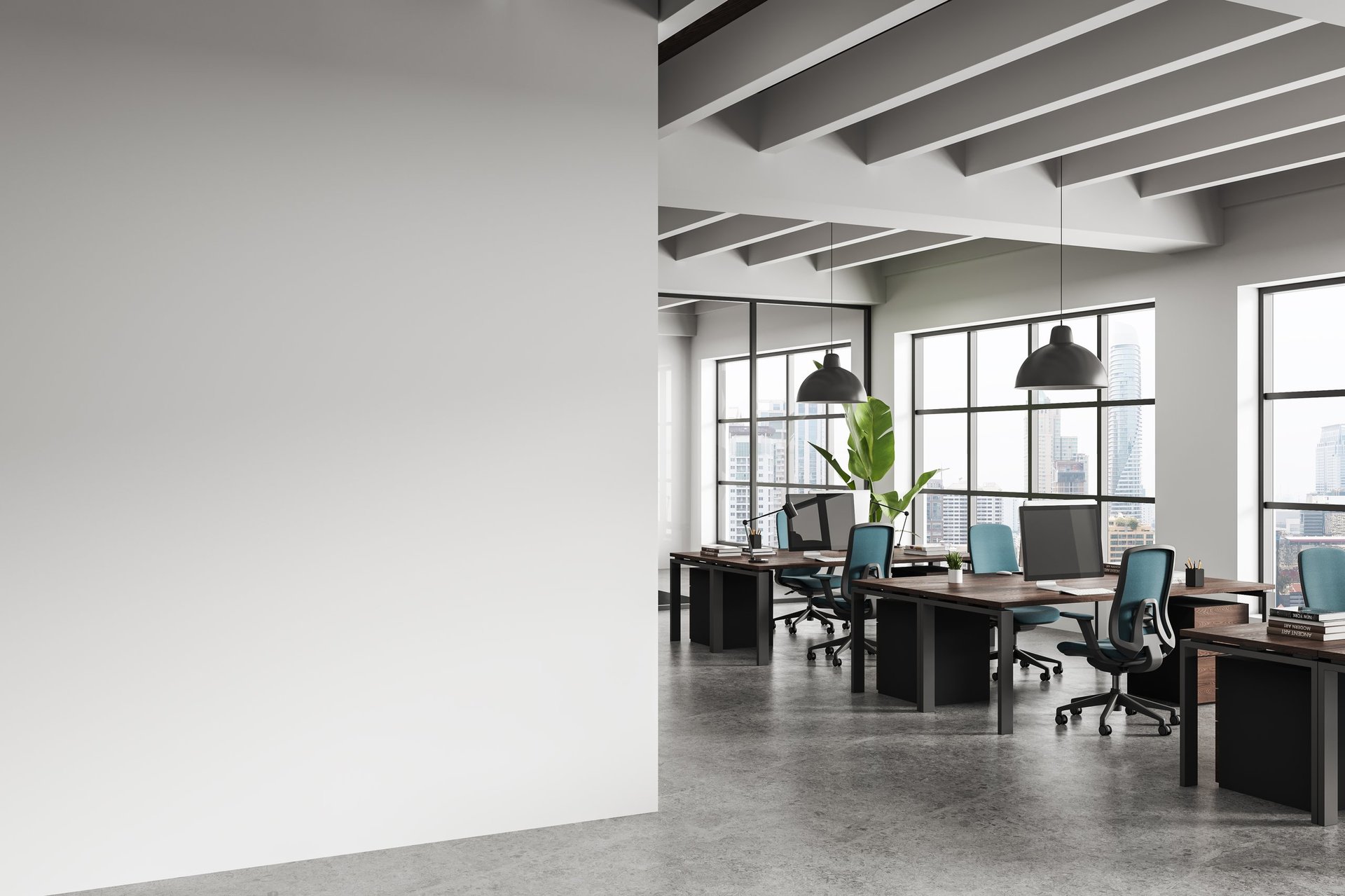 Contemporary office interior with clean modern workspace background