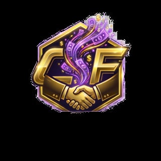 Gold and purple badge with handshake symbol and dollar signs representing partnership or business deal