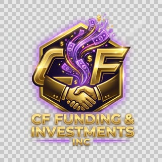 Logo for CF Funding and Investments Inc featuring a gold handshake and dollar sign symbol with purple glow effects
