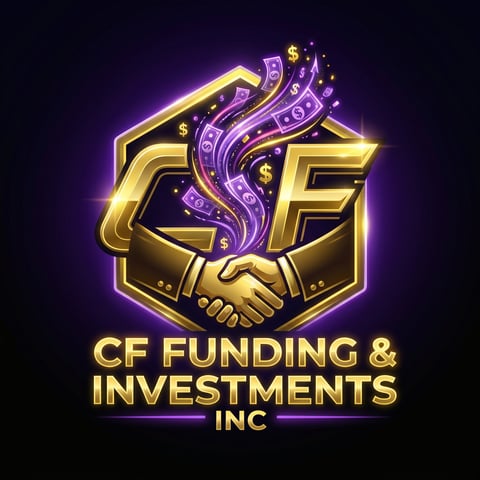 Glowing gold and purple neon logo for CF Funding & Investments Inc, featuring a handshake and flowing dollar symbols