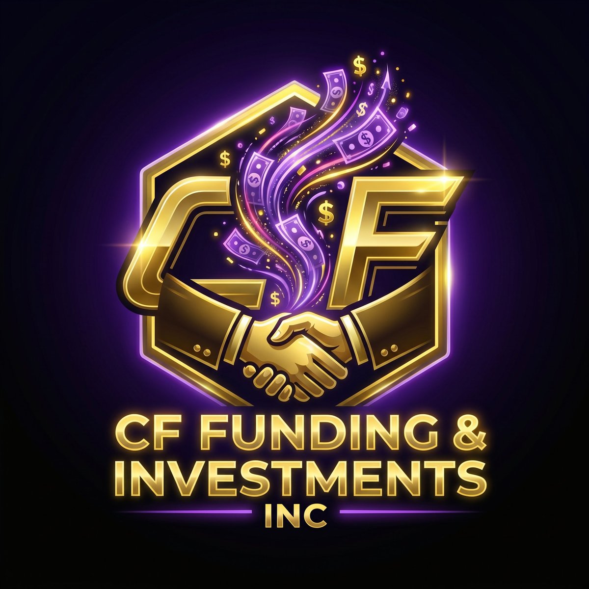 Logo for CF Funding & Investments Inc featuring golden handshake and purple dollar bill symbol with neon glow effect